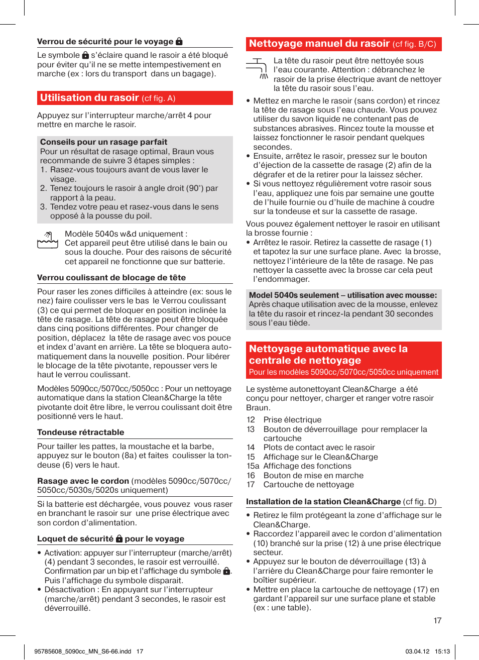 Utilisation du rasoir, Nettoyage manuel du rasoir | Braun 5020s Series 5 User Manual | Page 17 / 70
