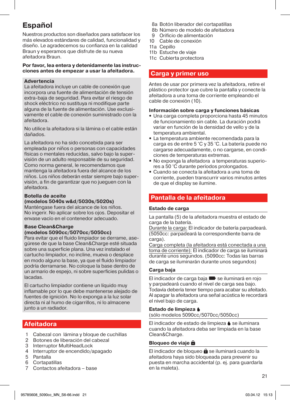 Español, Afeitadora, Carga y primer uso | Pantalla de la afeitadora | Braun 5020s Series 5 User Manual | Page 21 / 70