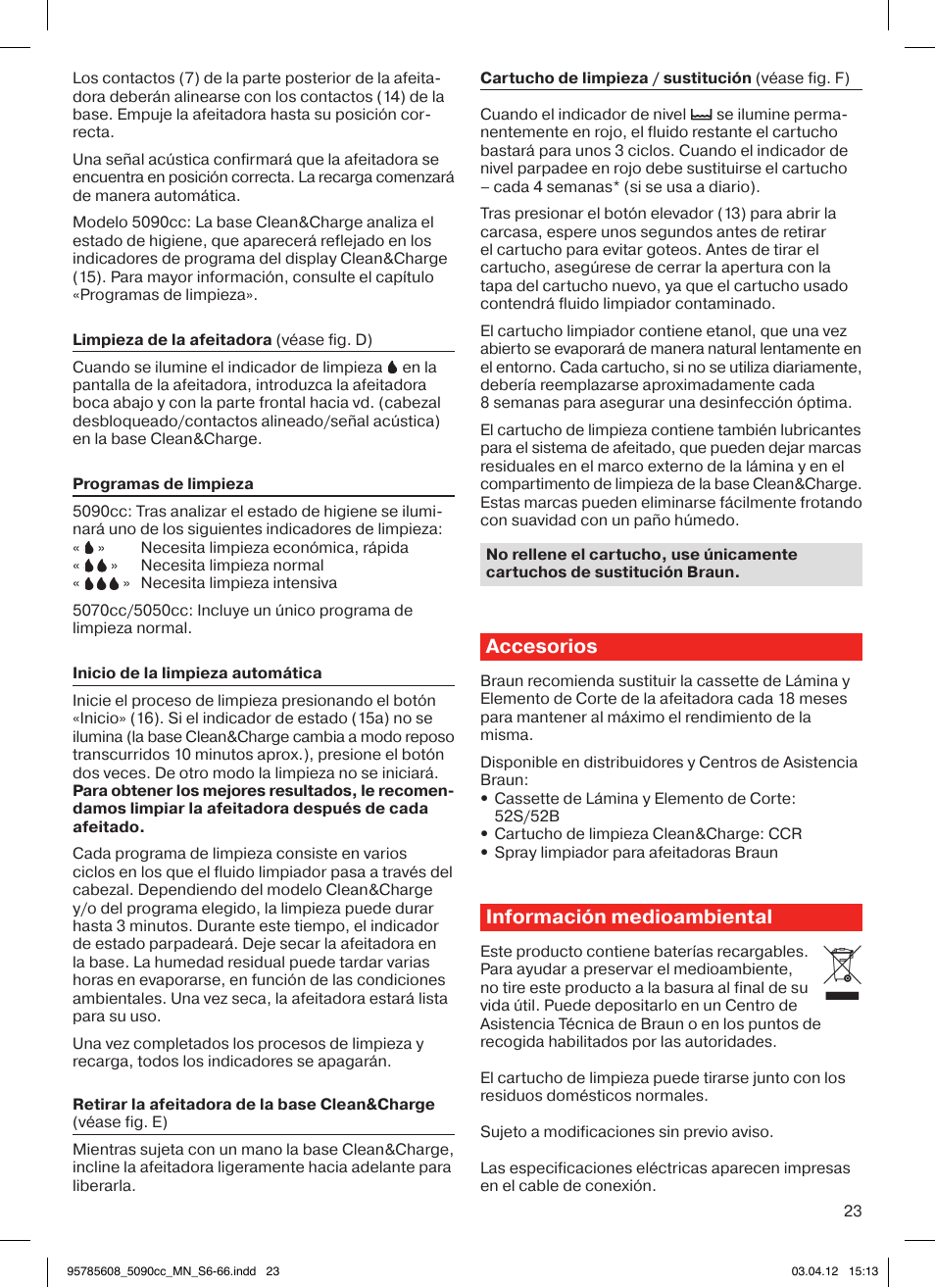 Accesorios, Información medioambiental | Braun 5020s Series 5 User Manual | Page 23 / 70