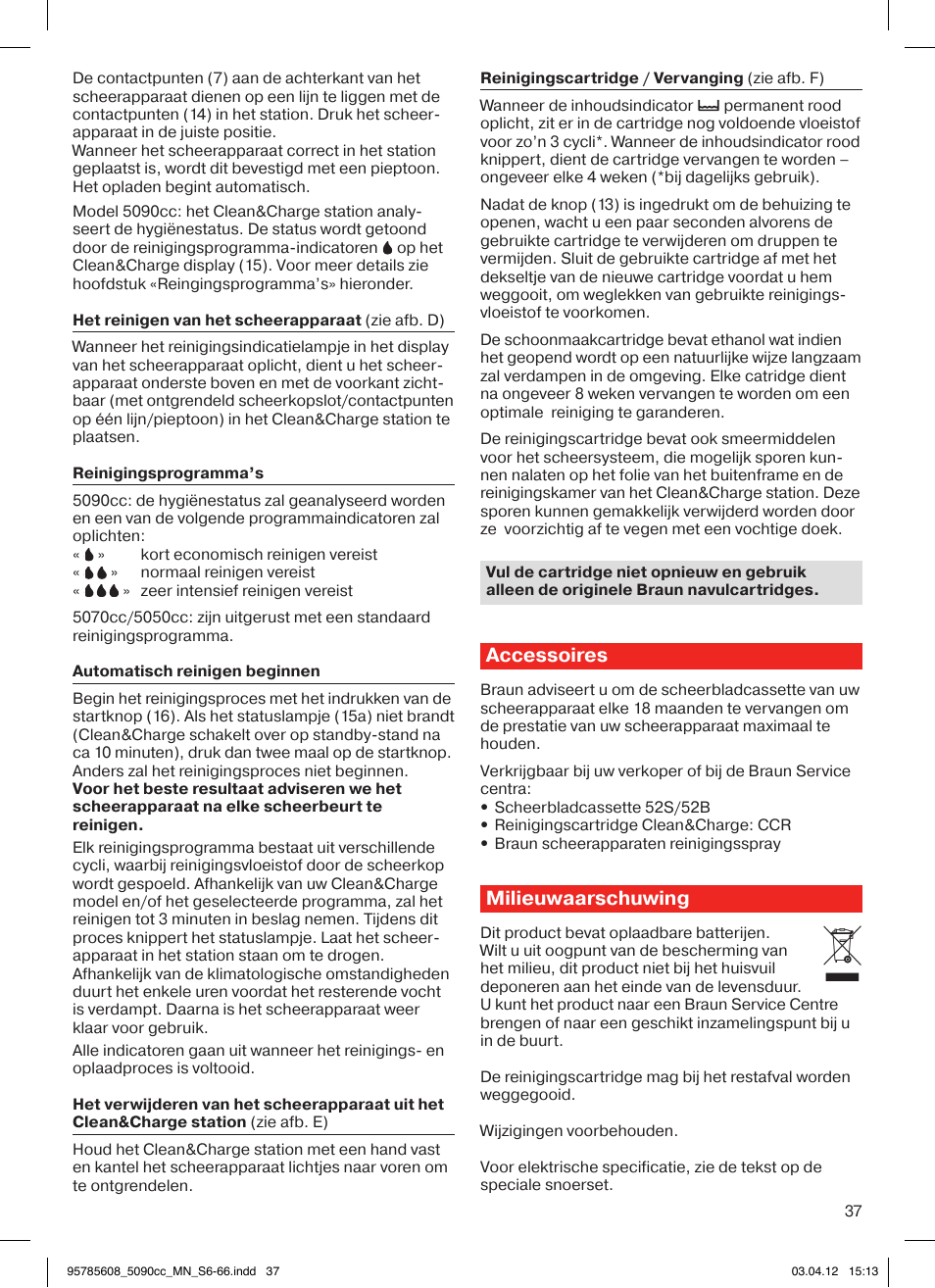 Accessoires, Milieuwaarschuwing | Braun 5020s Series 5 User Manual | Page 37 / 70