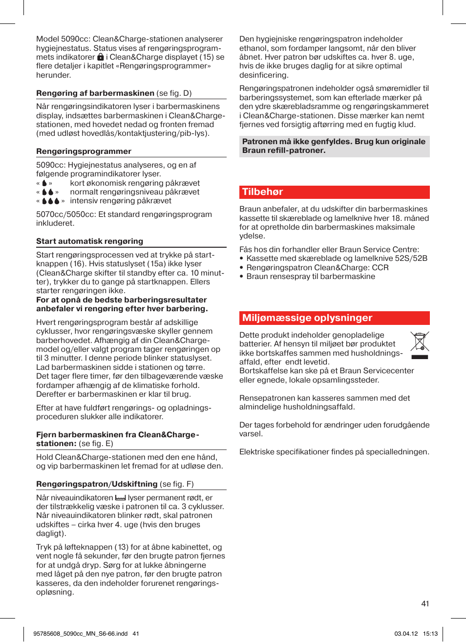 Tilbehør, Miljømæssige oplysninger | Braun 5020s Series 5 User Manual | Page 41 / 70