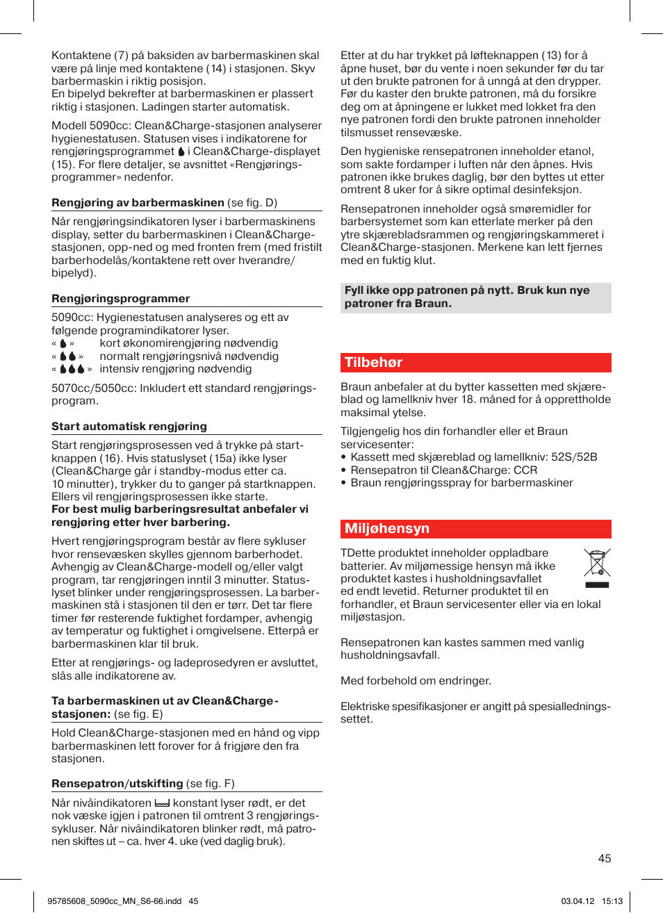 Tilbehør, Miljøhensyn | Braun 5020s Series 5 User Manual | Page 45 / 70