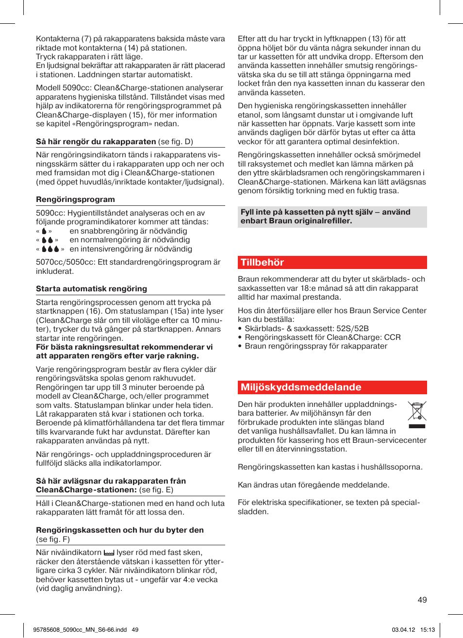 Tillbehör, Miljöskyddsmeddelande | Braun 5020s Series 5 User Manual | Page 49 / 70