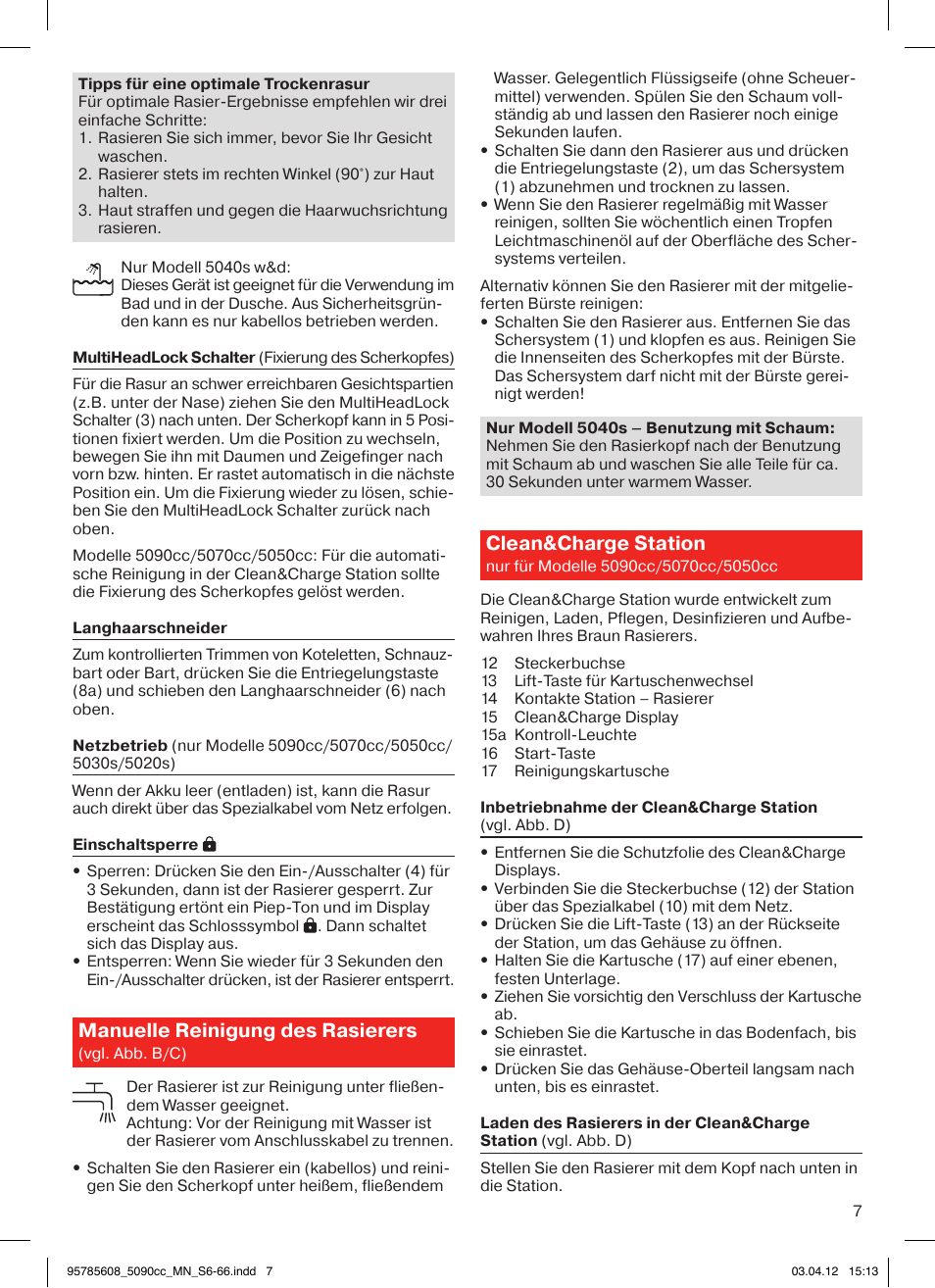 Manuelle reinigung des rasierers, Clean&charge station | Braun 5020s Series 5 User Manual | Page 7 / 70