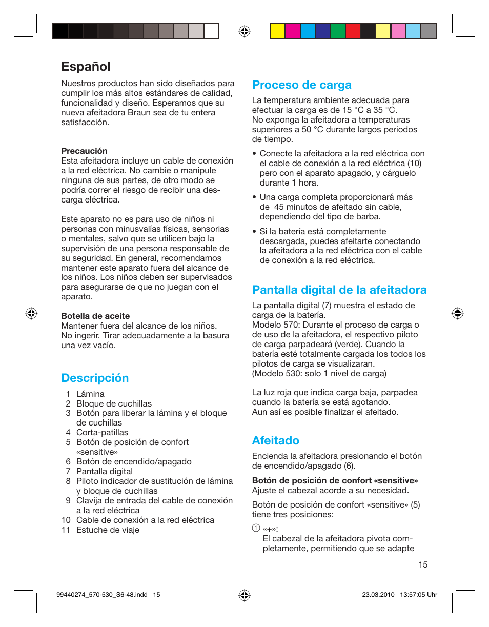 Español, Descripción, Proceso de carga | Pantalla digital de la afeitadora, Afeitado | Braun 530s-4 Series 5  EU User Manual | Page 14 / 44