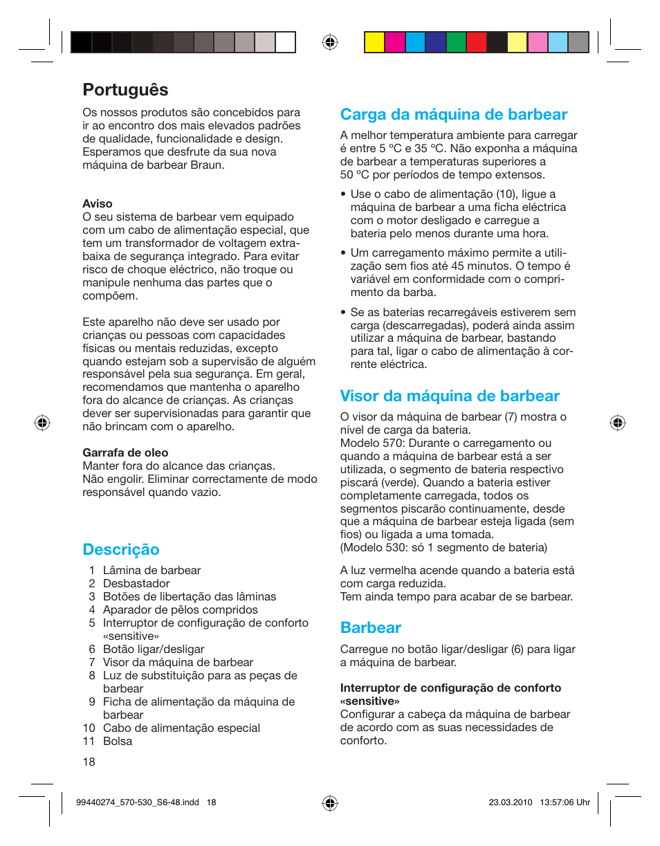 Português, Descrição, Carga da máquina de barbear | Visor da máquina de barbear, Barbear | Braun 530s-4 Series 5  EU User Manual | Page 17 / 44