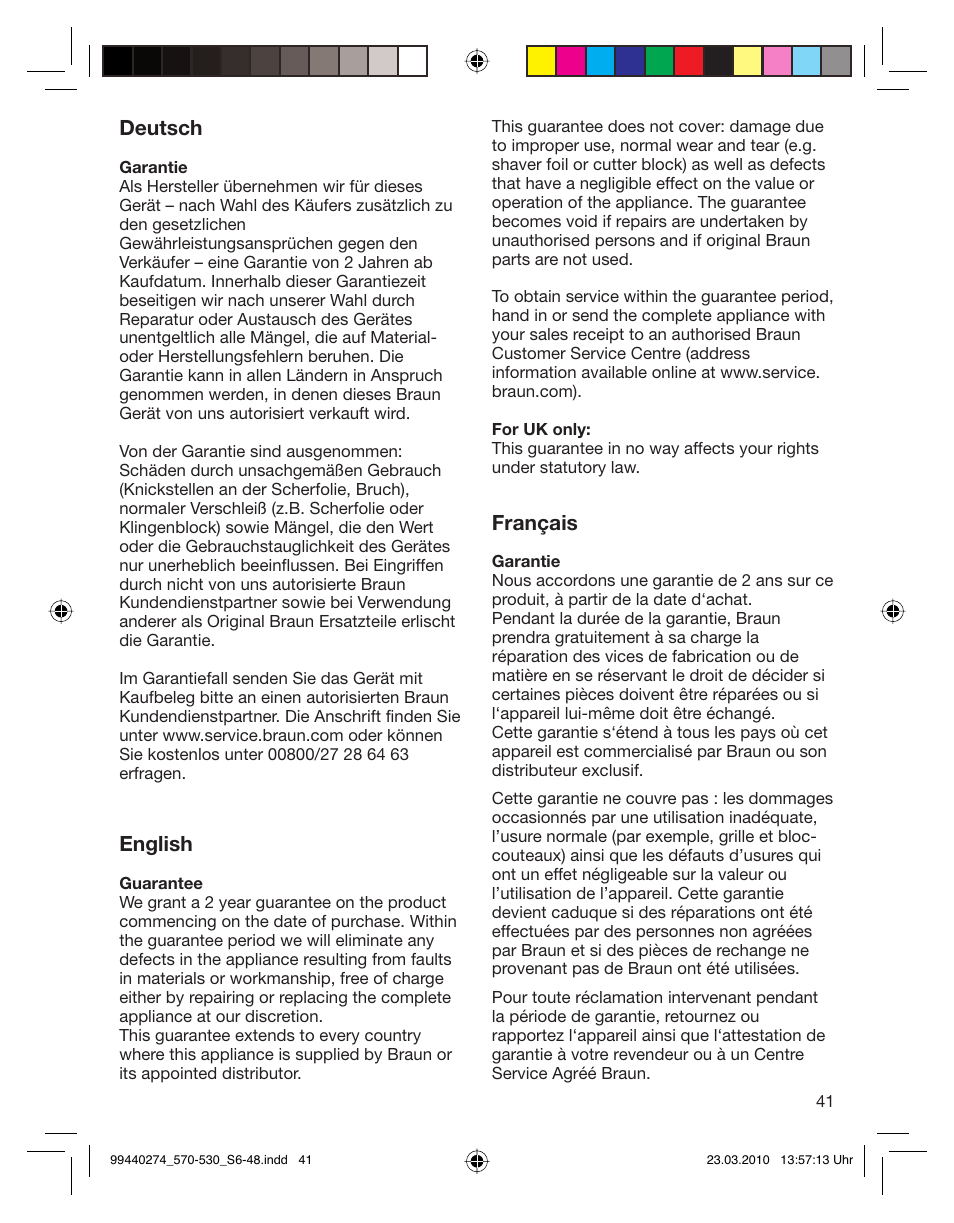 Deutsch, English, Français | Braun 530s-4 Series 5  EU User Manual | Page 40 / 44