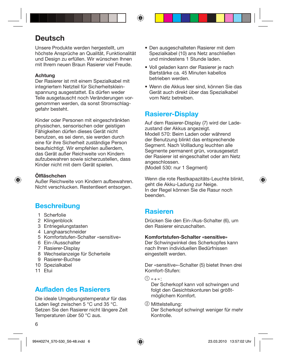 Deutsch, Beschreibung, Aufladen des rasierers | Rasierer-display, Rasieren | Braun 530s-4 Series 5  EU User Manual | Page 5 / 44