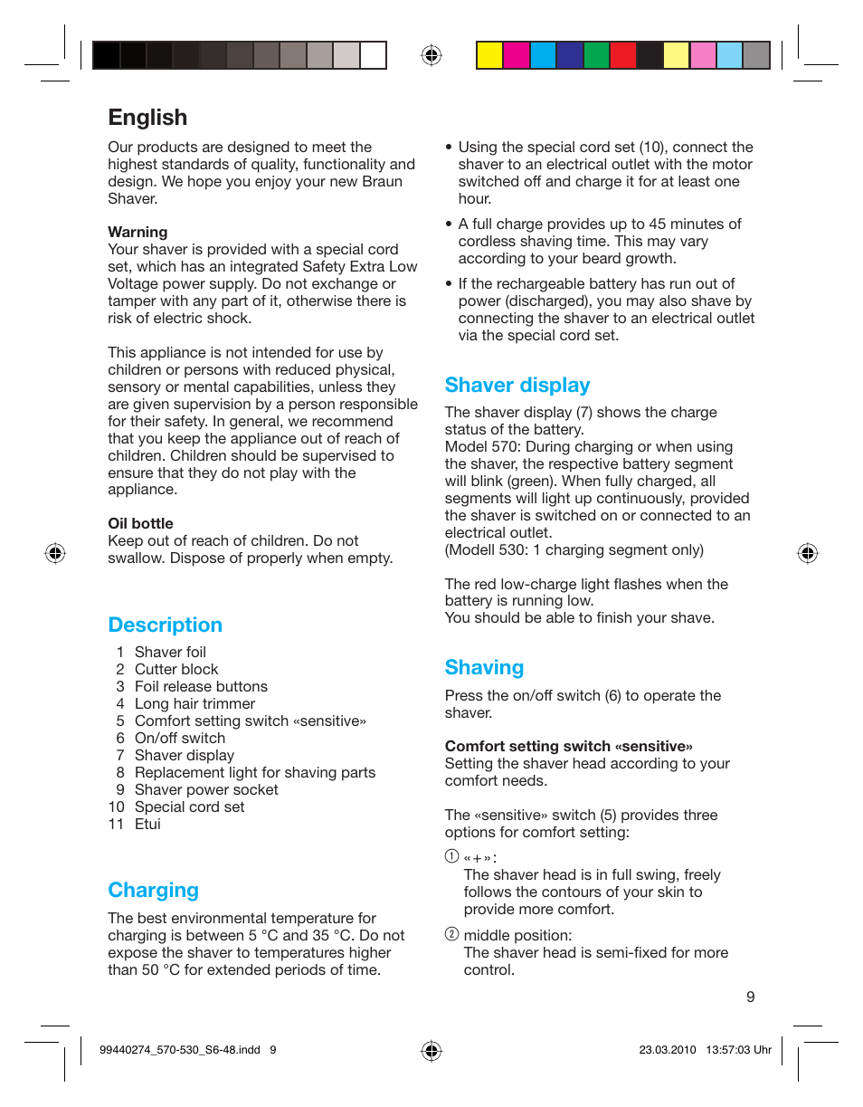 English, Description, Charging | Shaver display, Shaving | Braun 530s-4 Series 5  EU User Manual | Page 8 / 44