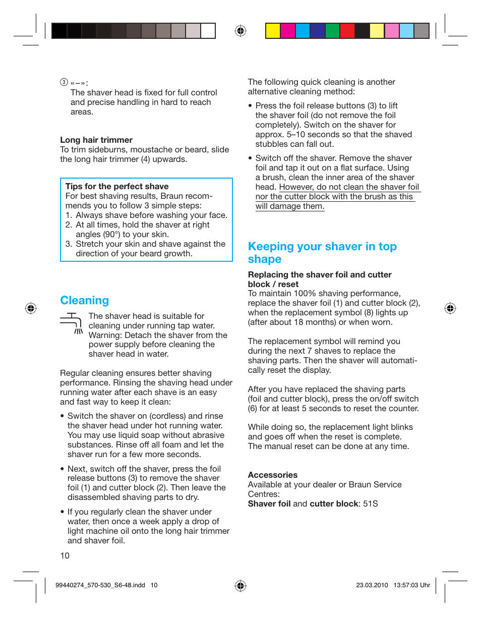 Cleaning, Keeping your shaver in top shape | Braun 530s-4 Series 5  EU User Manual | Page 9 / 44