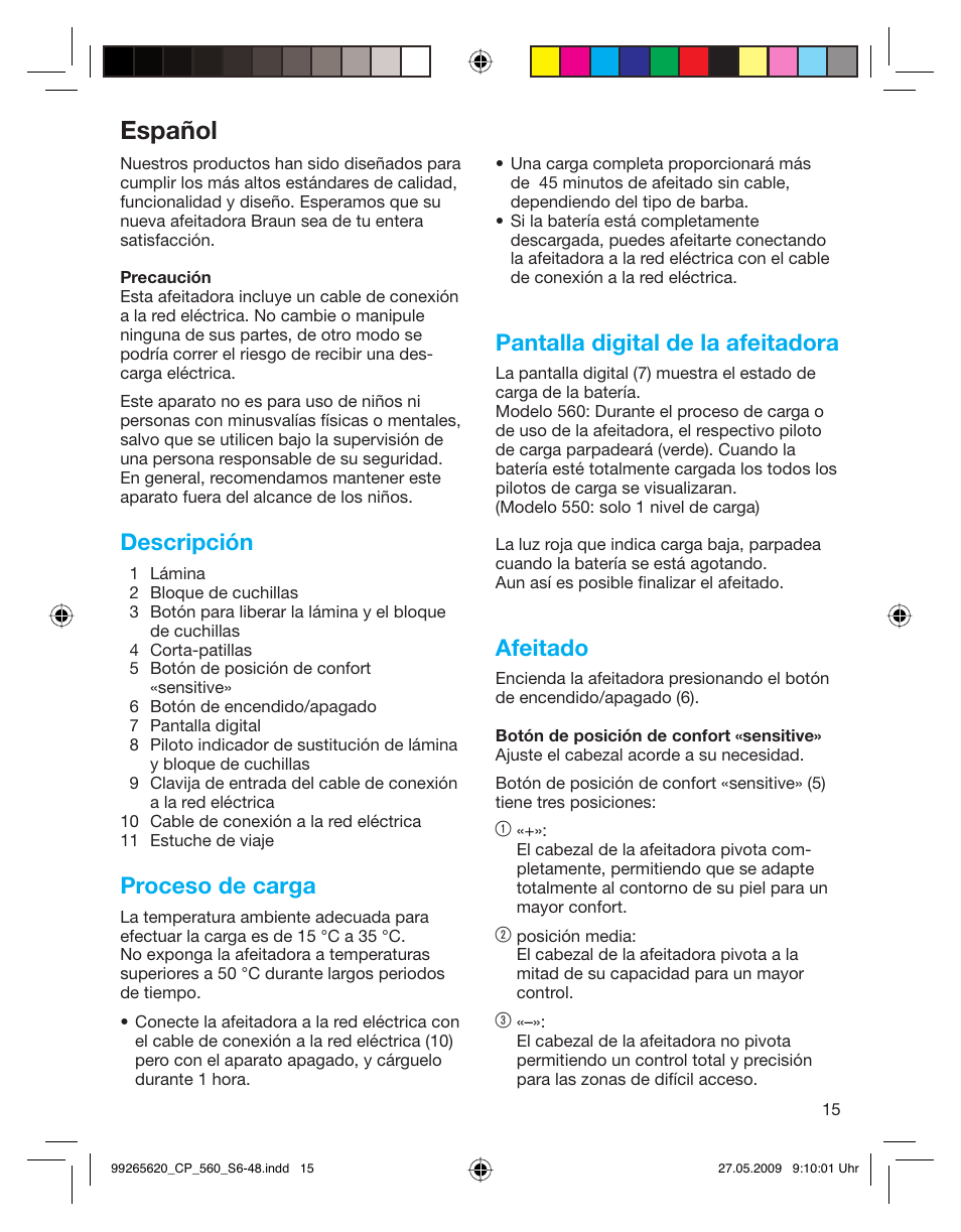 Español, Descripción, Proceso de carga | Pantalla digital de la afeitadora, Afeitado | Braun 550 Series 5  EU User Manual | Page 14 / 44