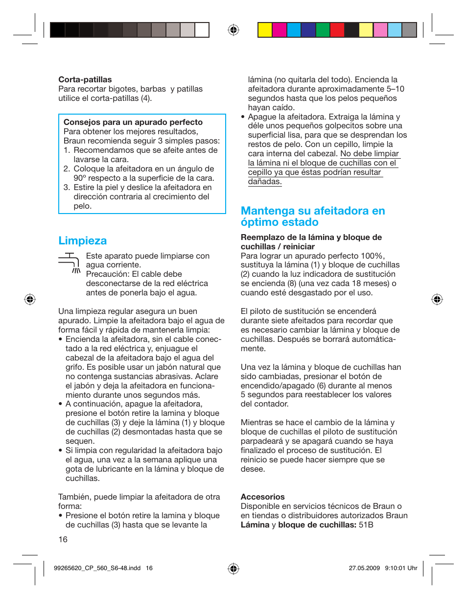 Limpieza, Mantenga su afeitadora en óptimo estado | Braun 550 Series 5  EU User Manual | Page 15 / 44