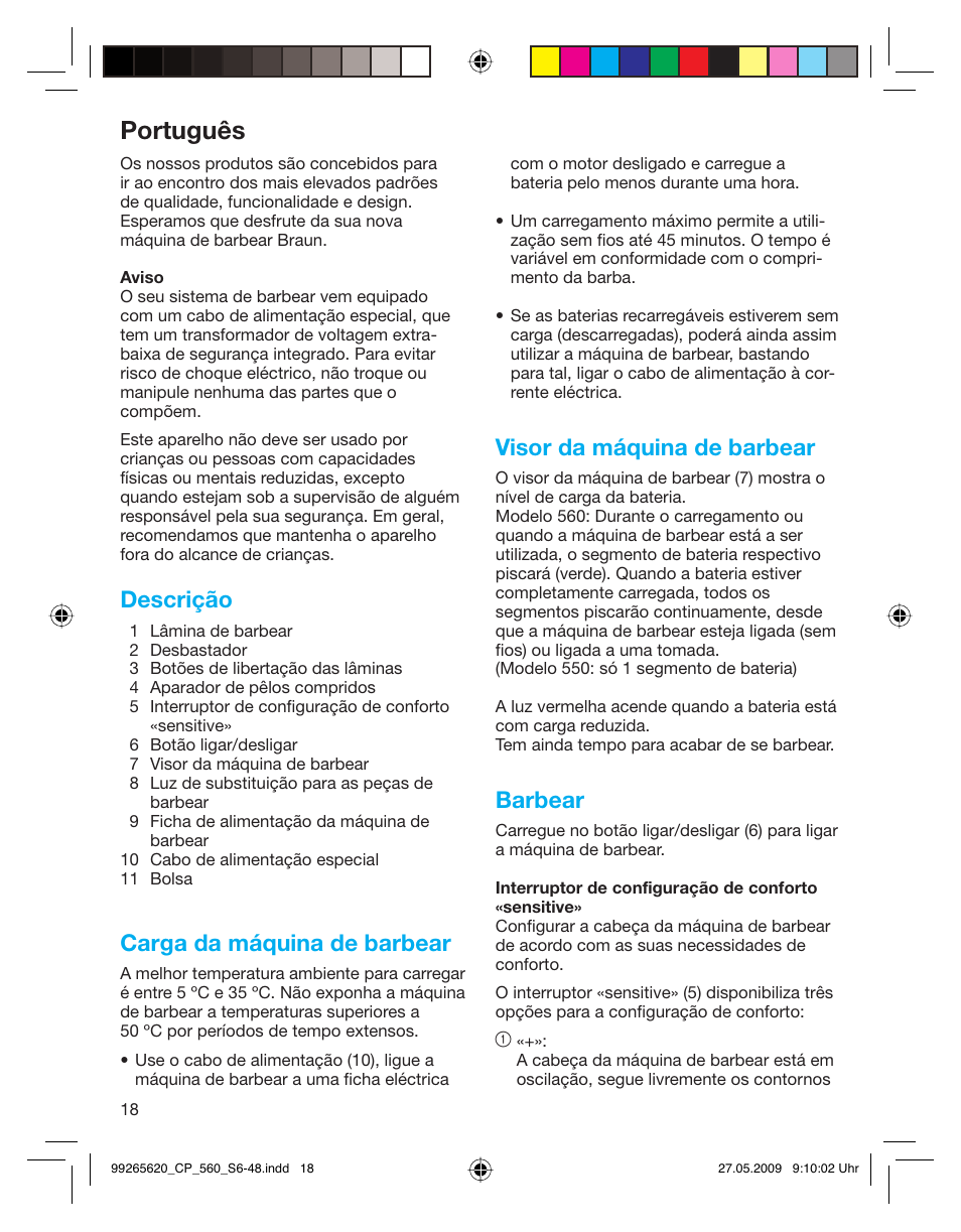 Português, Descrição, Carga da máquina de barbear | Visor da máquina de barbear, Barbear | Braun 550 Series 5  EU User Manual | Page 17 / 44