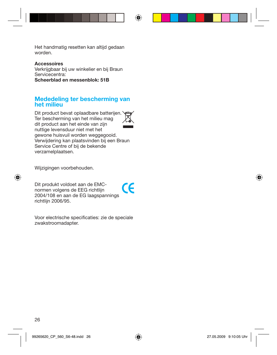 Mededeling ter bescherming van het milieu | Braun 550 Series 5  EU User Manual | Page 25 / 44