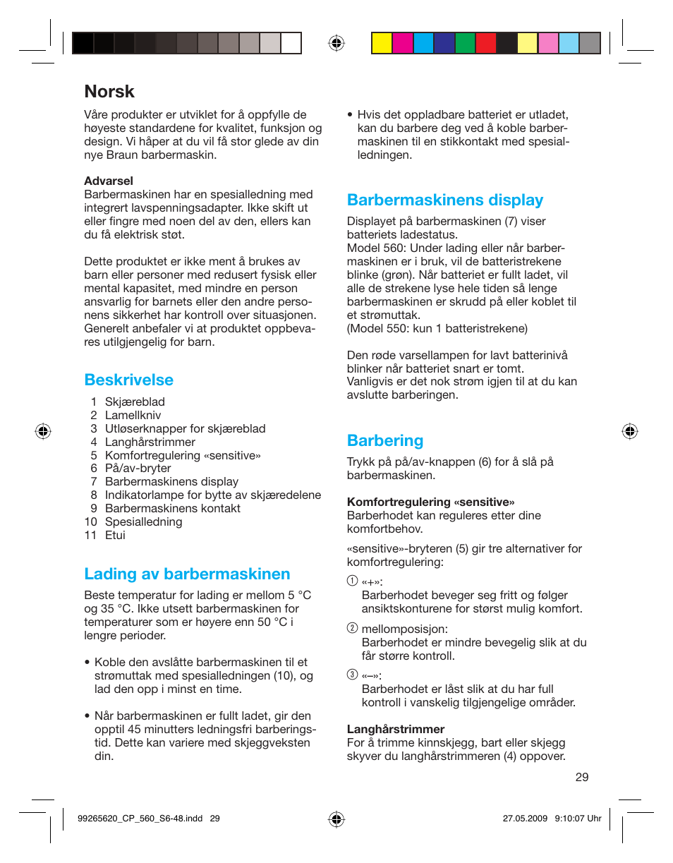 Norsk, Beskrivelse, Lading av barbermaskinen | Barbermaskinens display, Barbering | Braun 550 Series 5  EU User Manual | Page 28 / 44