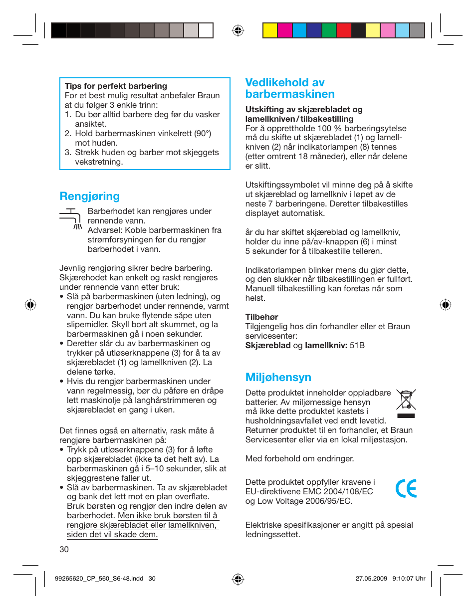 Rengjøring, Vedlikehold av barbermaskinen, Miljøhensyn | Braun 550 Series 5  EU User Manual | Page 29 / 44