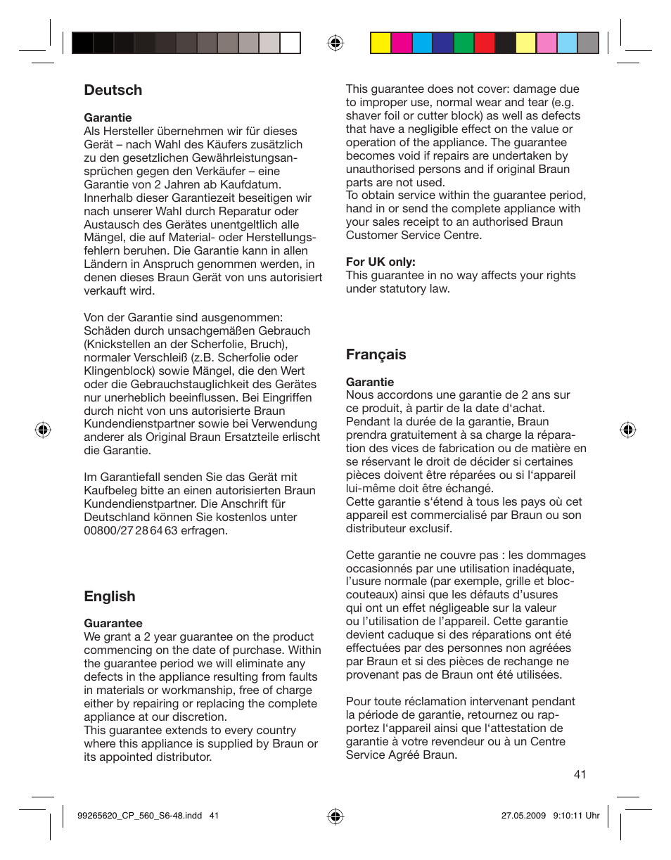 Deutsch, English, Français | Braun 550 Series 5  EU User Manual | Page 40 / 44