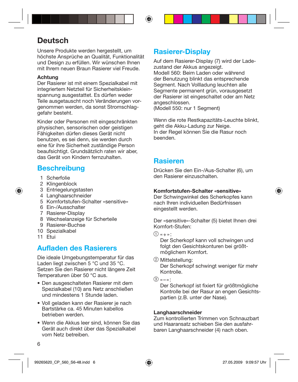 Deutsch, Beschreibung, Aufladen des rasierers | Rasierer-display, Rasieren | Braun 550 Series 5  EU User Manual | Page 5 / 44