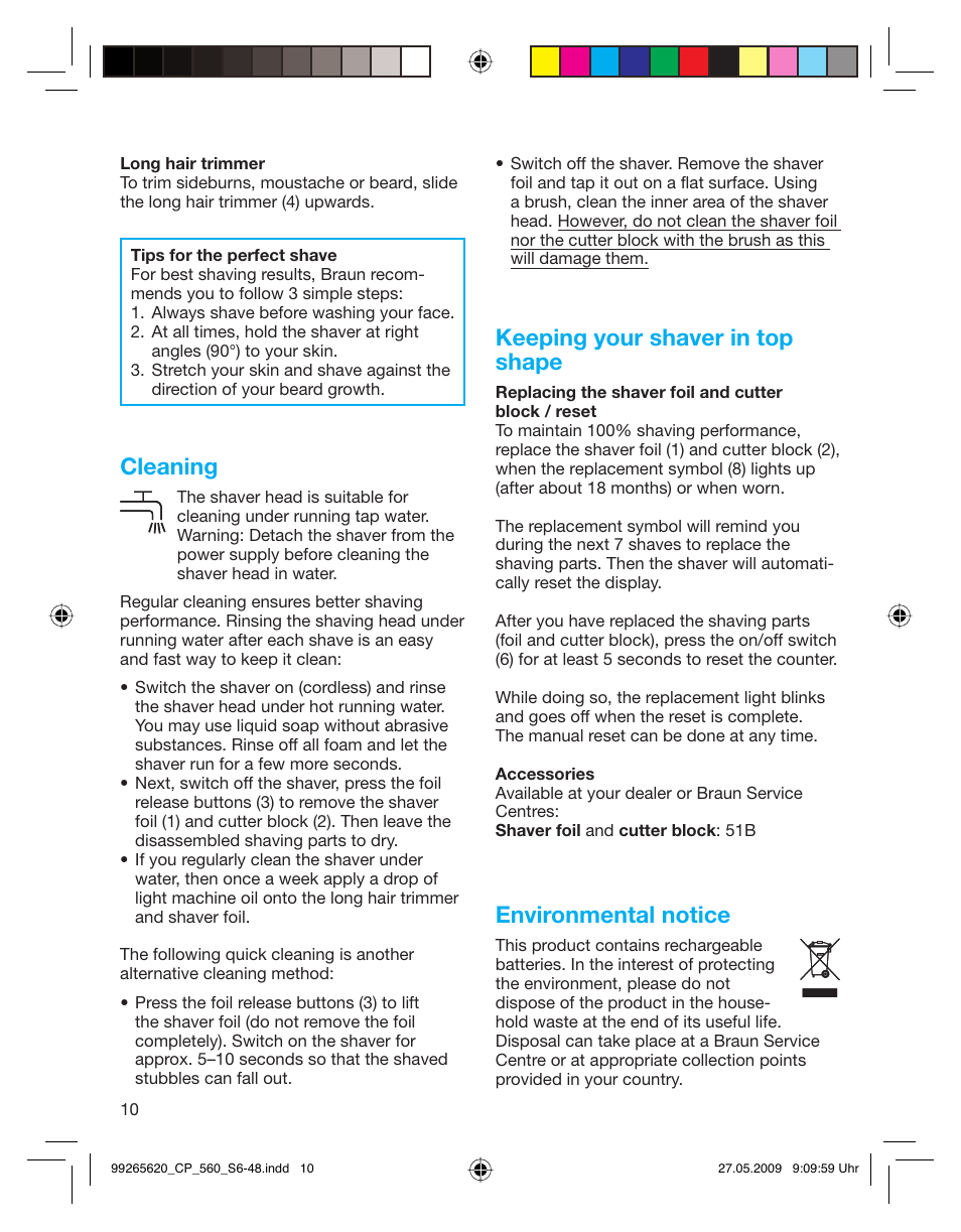 Cleaning, Keeping your shaver in top shape, Environmental notice | Braun 550 Series 5  EU User Manual | Page 9 / 44