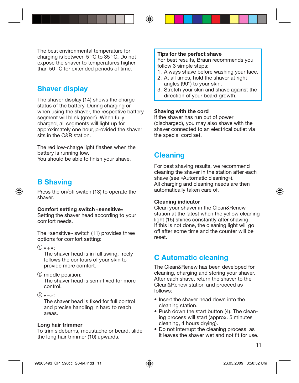 Shaver display, B shaving, Cleaning | C automatic cleaning | Braun 590cc Series 5  EU User Manual | Page 11 / 62