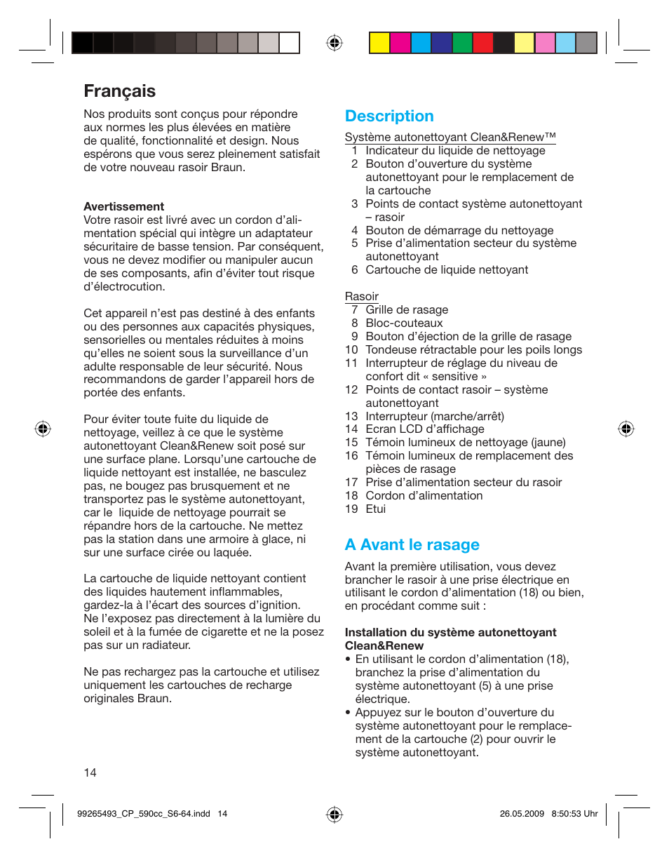 Français, Description, A avant le rasage | Braun 590cc Series 5  EU User Manual | Page 14 / 62