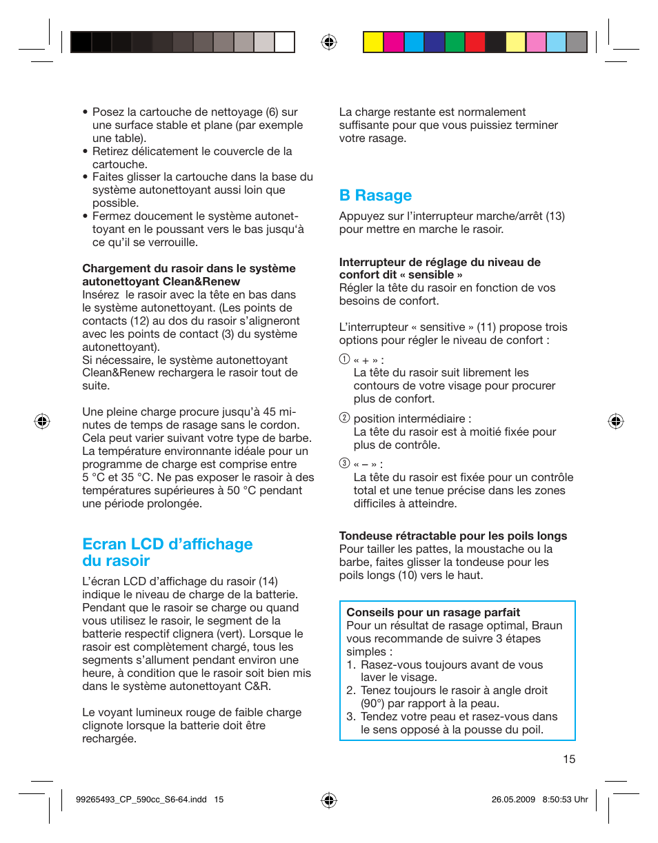 Ecran lcd d’affichage du rasoir, B rasage | Braun 590cc Series 5  EU User Manual | Page 15 / 62