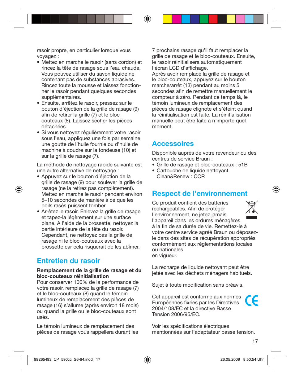 Entretien du rasoir, Accessoires, Respect de l’environnement | Braun 590cc Series 5  EU User Manual | Page 17 / 62