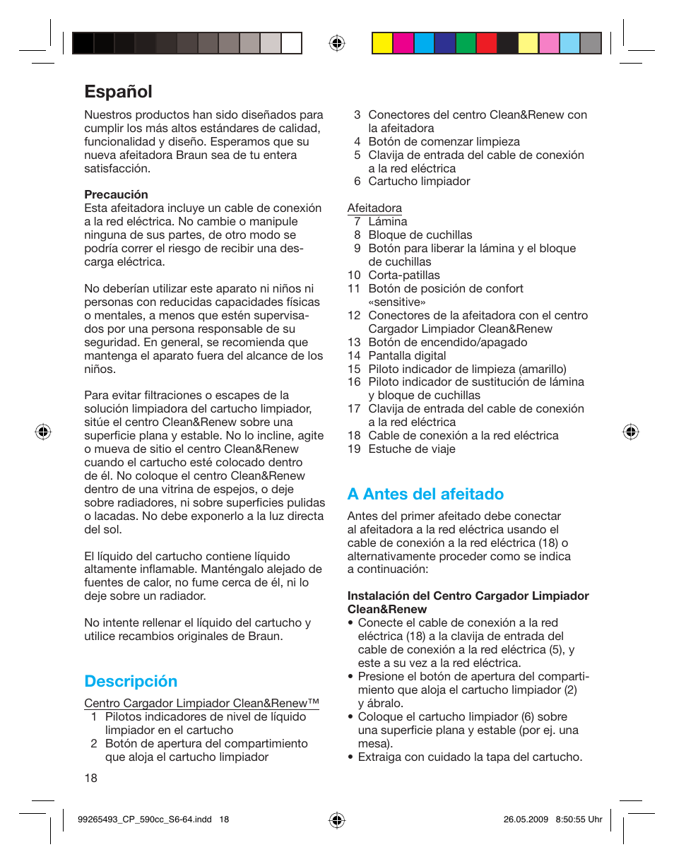 Español, Descripción, A antes del afeitado | Braun 590cc Series 5  EU User Manual | Page 18 / 62