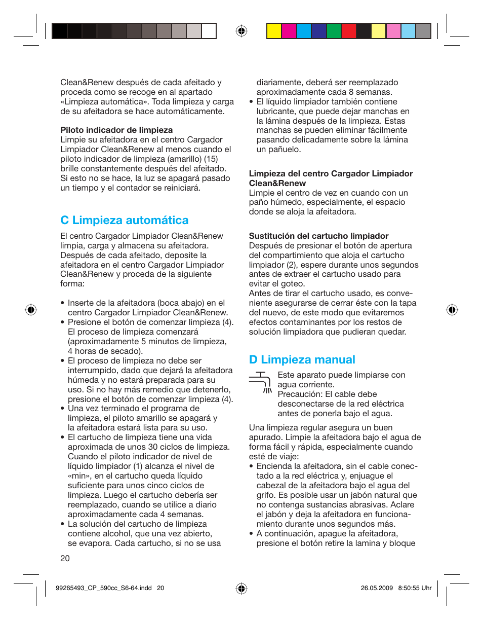 C limpieza automática, D limpieza manual | Braun 590cc Series 5  EU User Manual | Page 20 / 62