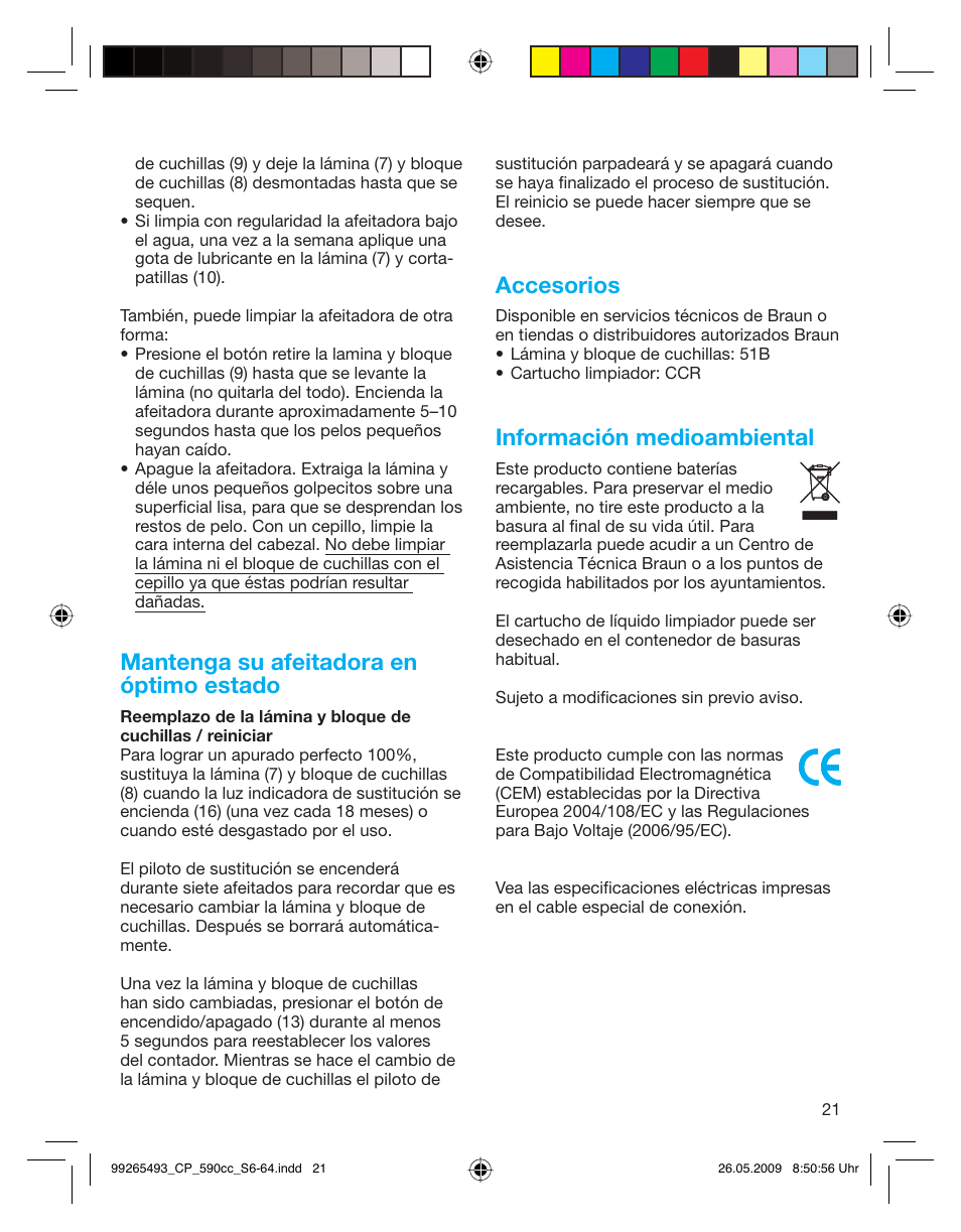 Mantenga su afeitadora en óptimo estado, Accesorios, Información medioambiental | Braun 590cc Series 5  EU User Manual | Page 21 / 62