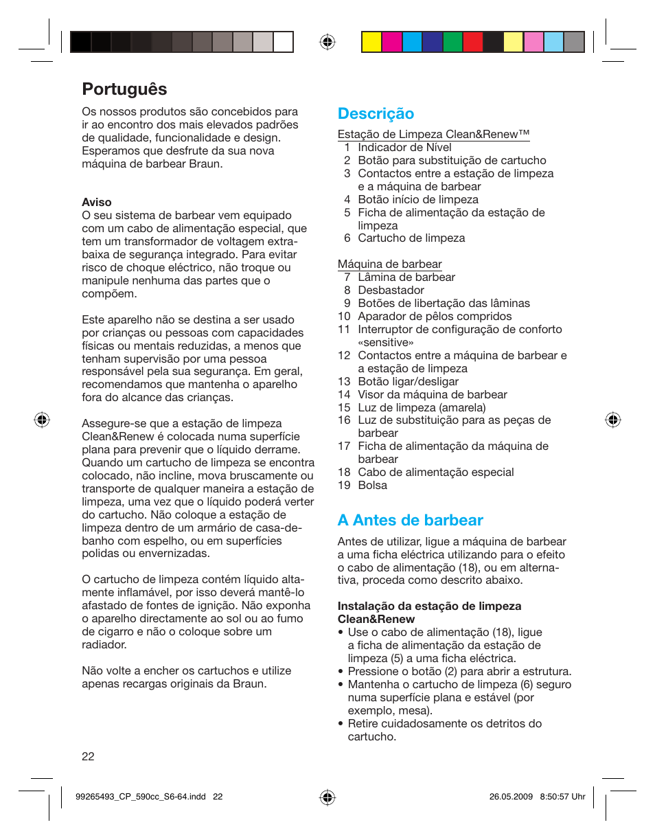 Português, Descrição, A antes de barbear | Braun 590cc Series 5  EU User Manual | Page 22 / 62