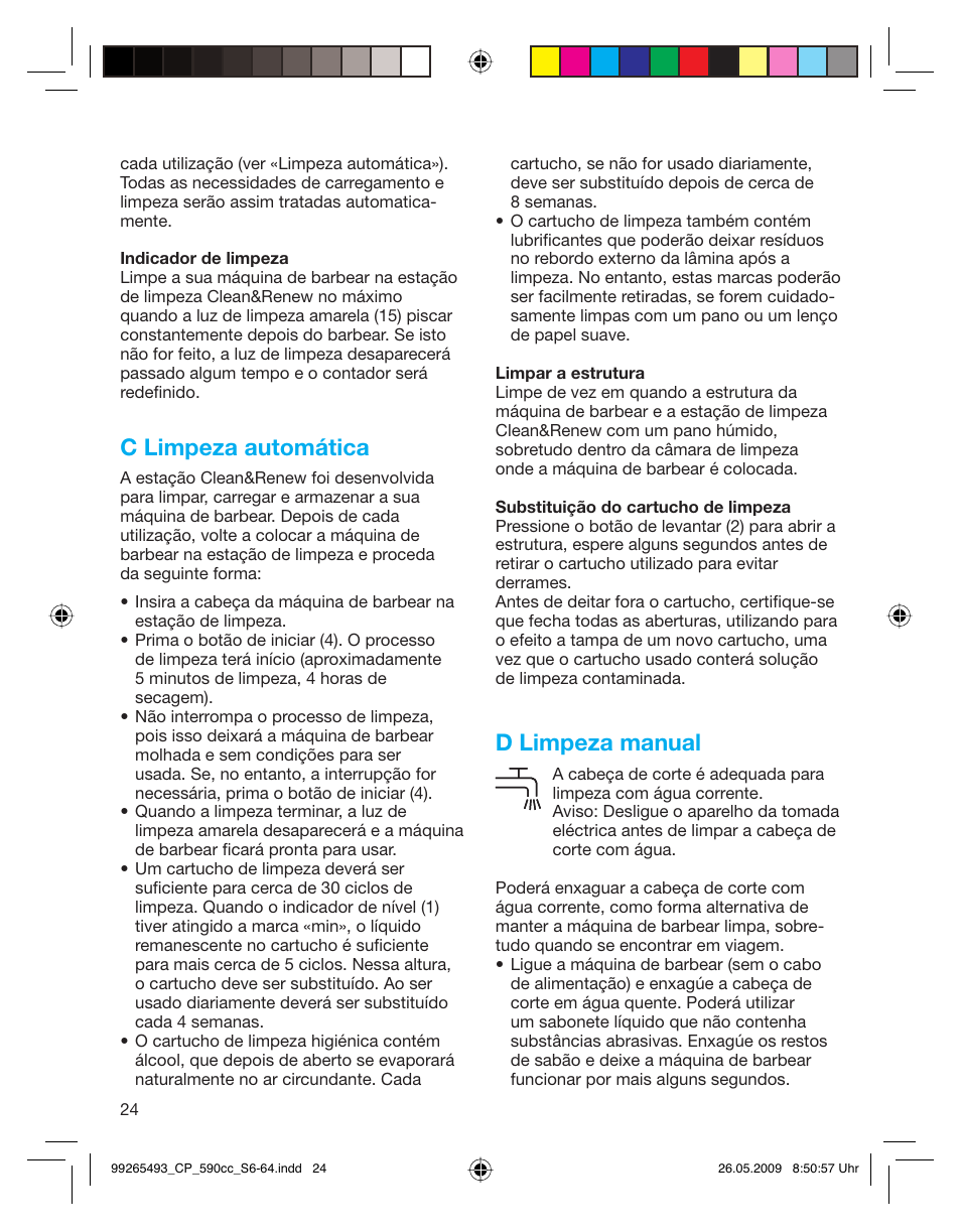 C limpeza automática, D limpeza manual | Braun 590cc Series 5  EU User Manual | Page 24 / 62