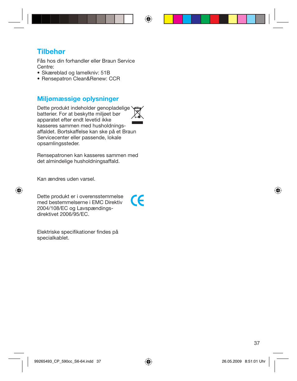 Tilbehør, Miljømæssige oplysninger | Braun 590cc Series 5  EU User Manual | Page 37 / 62