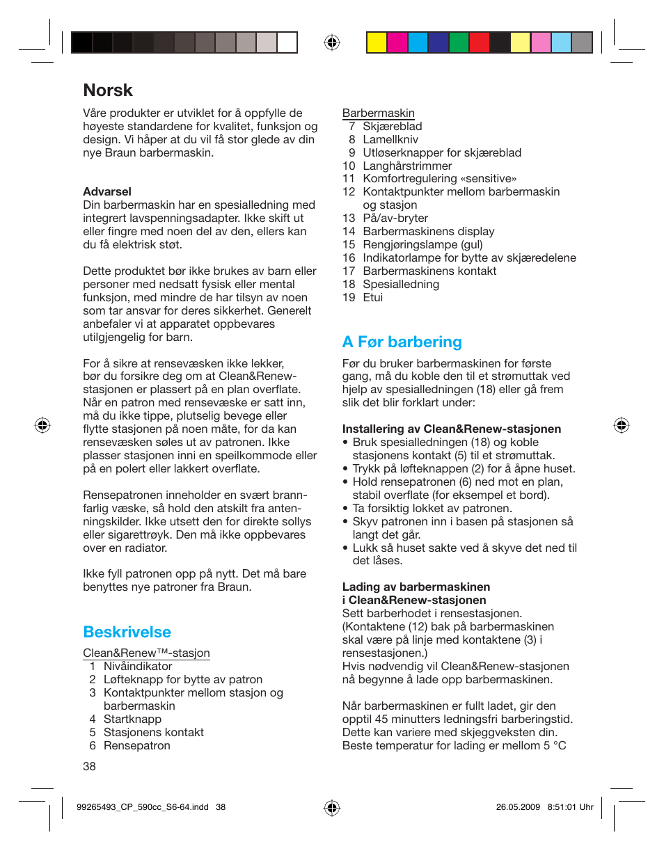 Norsk, Beskrivelse, A før barbering | Braun 590cc Series 5  EU User Manual | Page 38 / 62