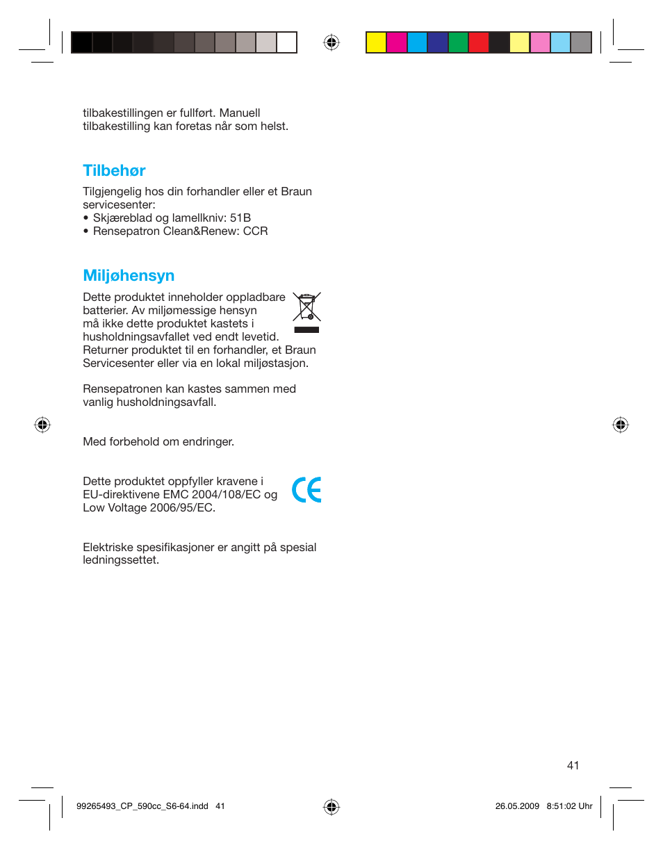 Tilbehør, Miljøhensyn | Braun 590cc Series 5  EU User Manual | Page 41 / 62