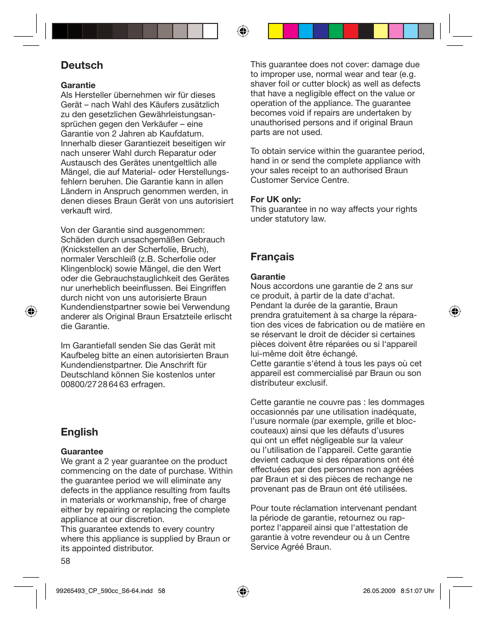 Deutsch, English, Français | Braun 590cc Series 5  EU User Manual | Page 58 / 62