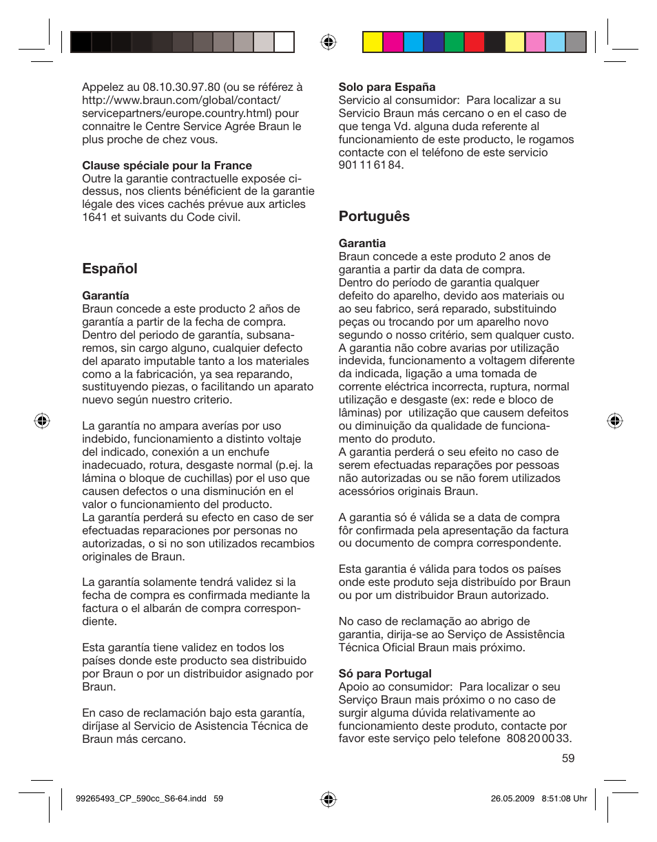 Español, Português | Braun 590cc Series 5  EU User Manual | Page 59 / 62