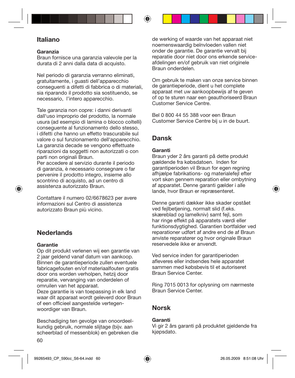 Italiano, Nederlands, Dansk | Norsk | Braun 590cc Series 5  EU User Manual | Page 60 / 62