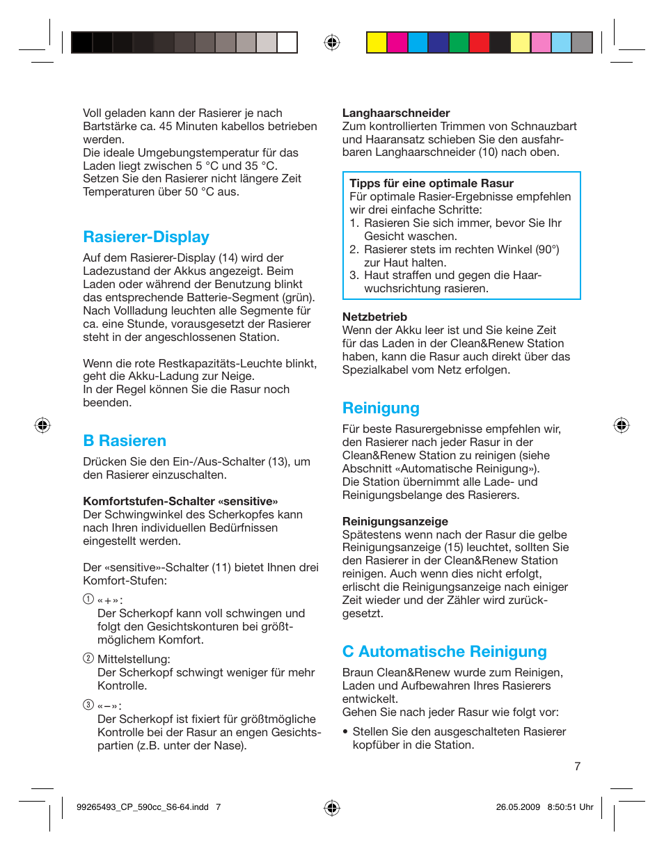 Rasierer-display, B rasieren, Reinigung | C automatische reinigung | Braun 590cc Series 5  EU User Manual | Page 7 / 62