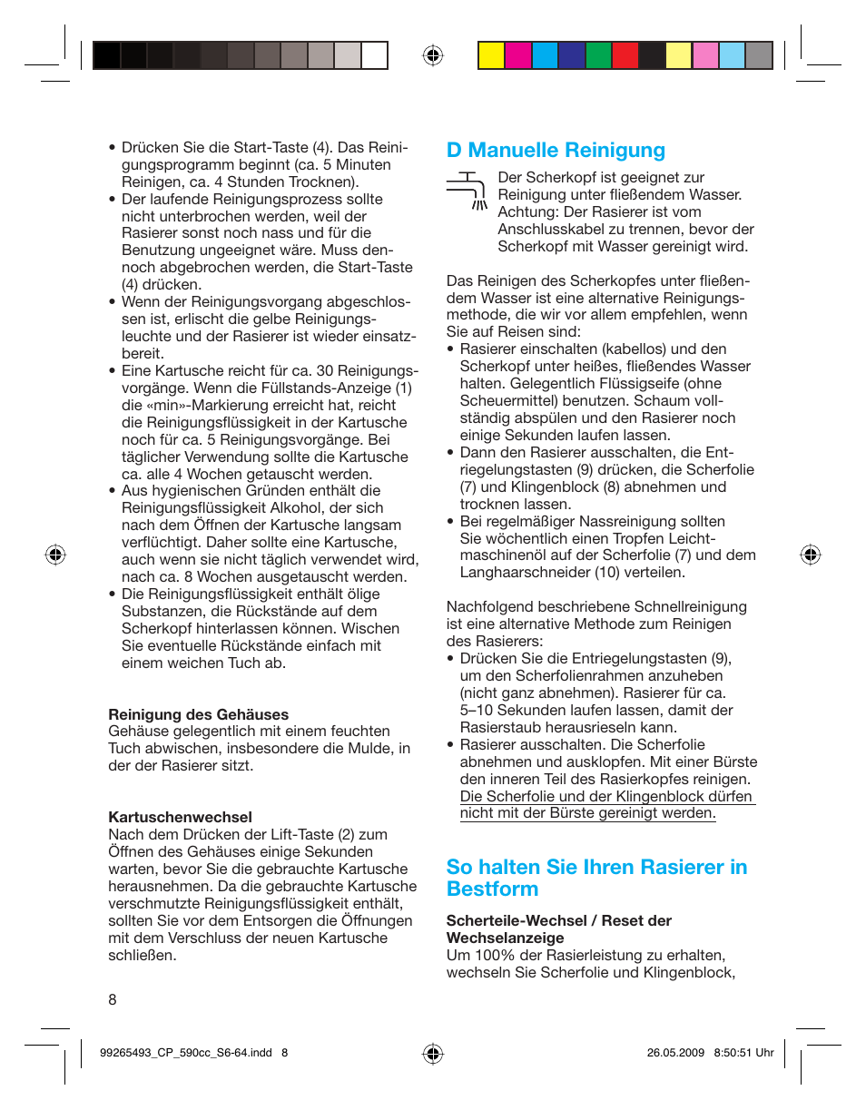 D manuelle reinigung, So halten sie ihren rasierer in bestform | Braun 590cc Series 5  EU User Manual | Page 8 / 62