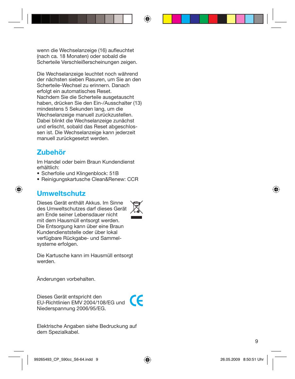 Zubehör, Umweltschutz | Braun 590cc Series 5  EU User Manual | Page 9 / 62