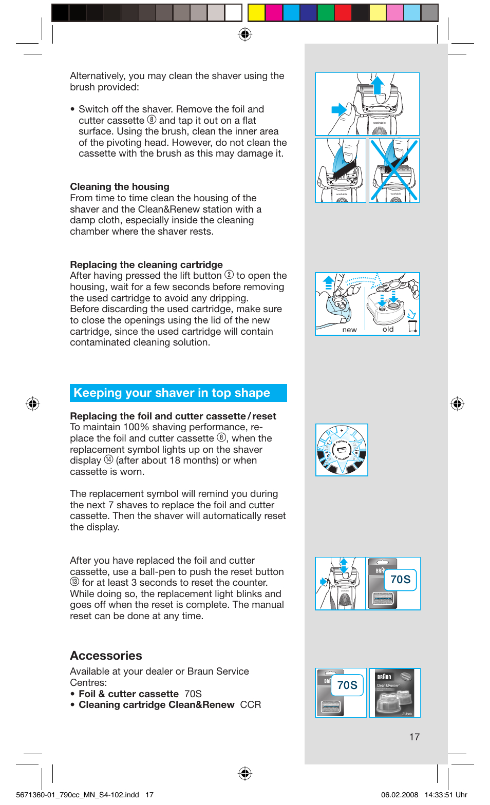 Keeping your shaver in top shape, Accessories | Braun 790cc-5671 Series 7 User Manual | Page 17 / 101