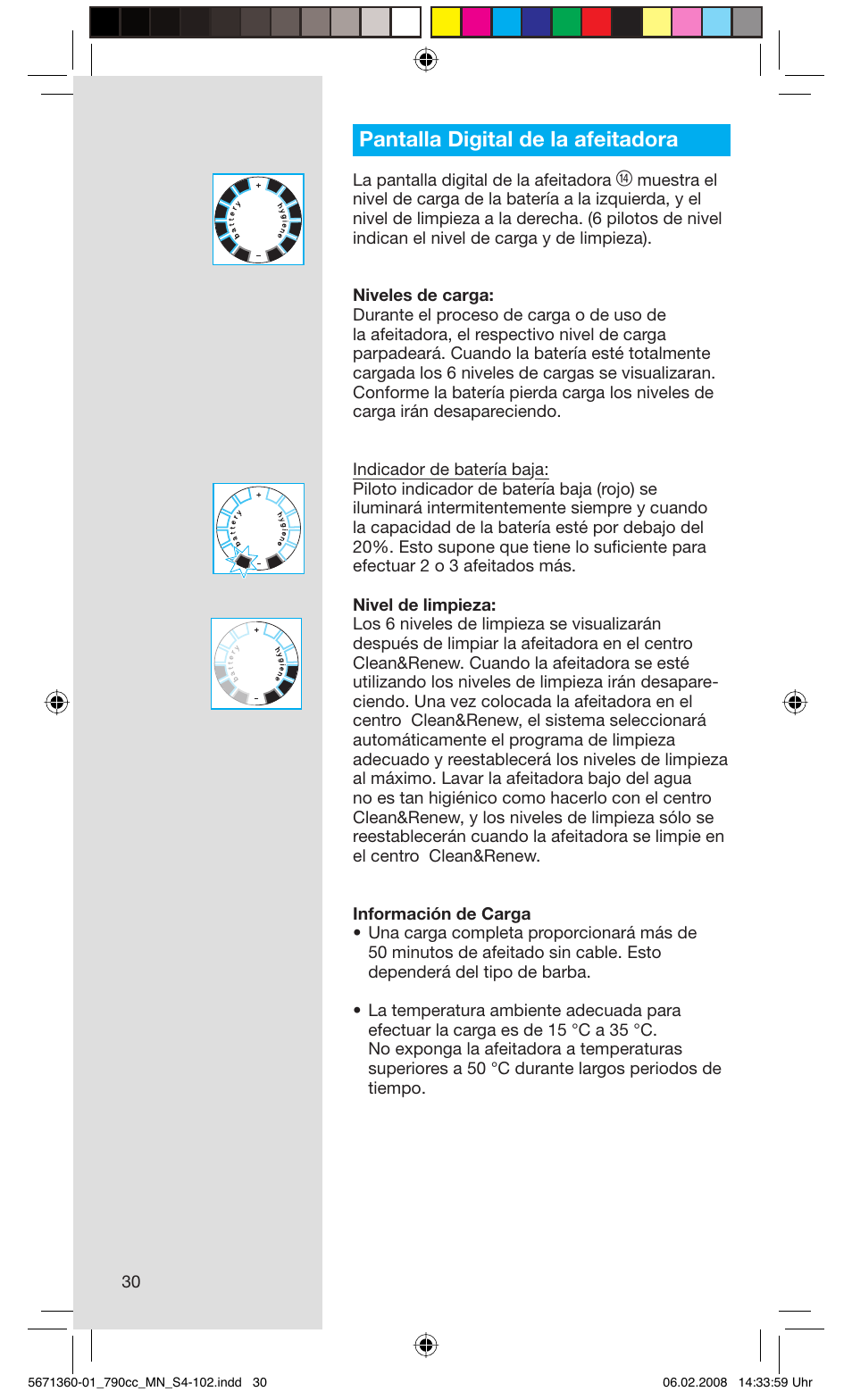 Pantalla digital de la afeitadora | Braun 790cc-5671 Series 7 User Manual | Page 30 / 101