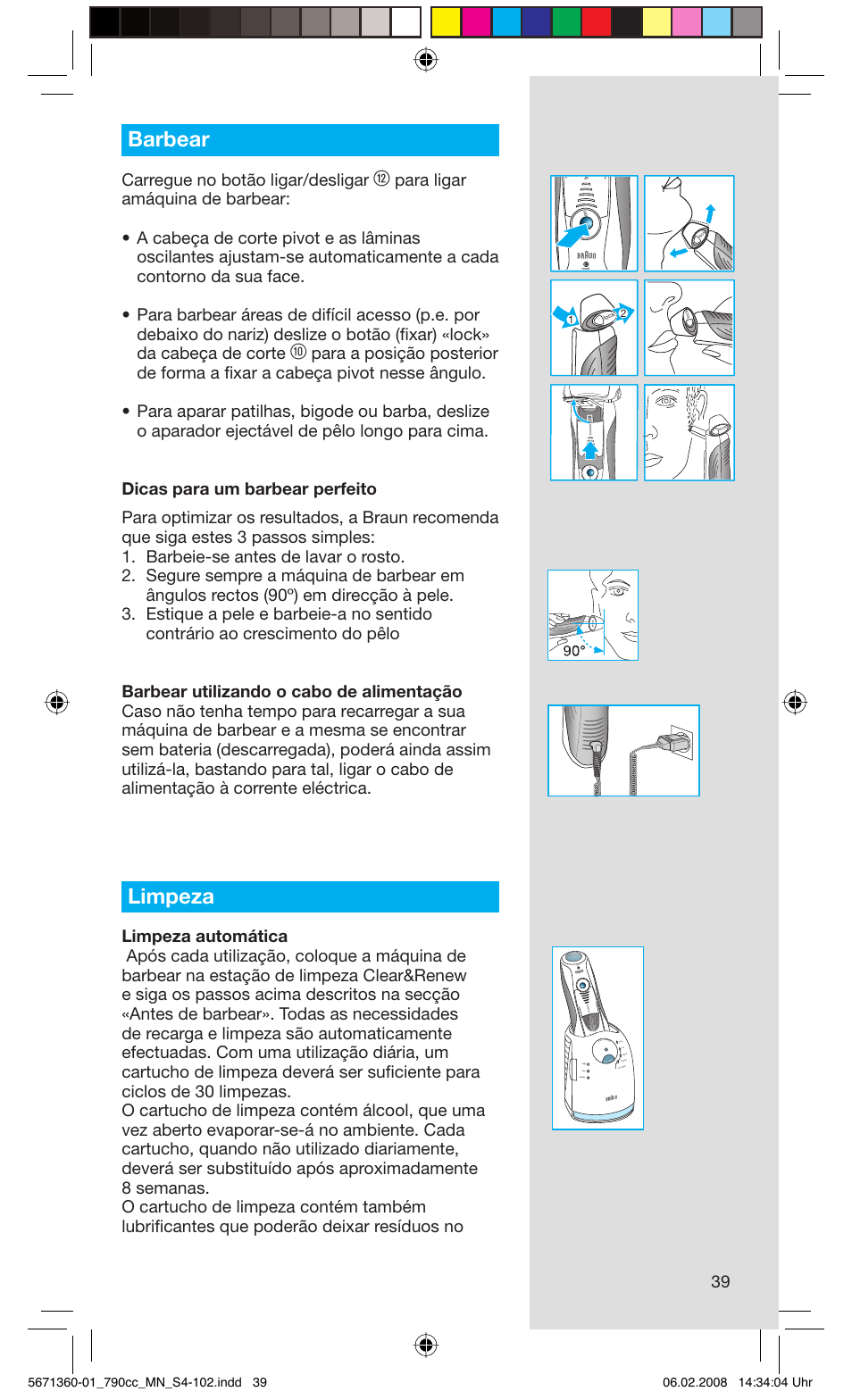 Barbear, Limpeza, Carregue no botão ligar/desligar | Rese t | Braun 790cc-5671 Series 7 User Manual | Page 39 / 101