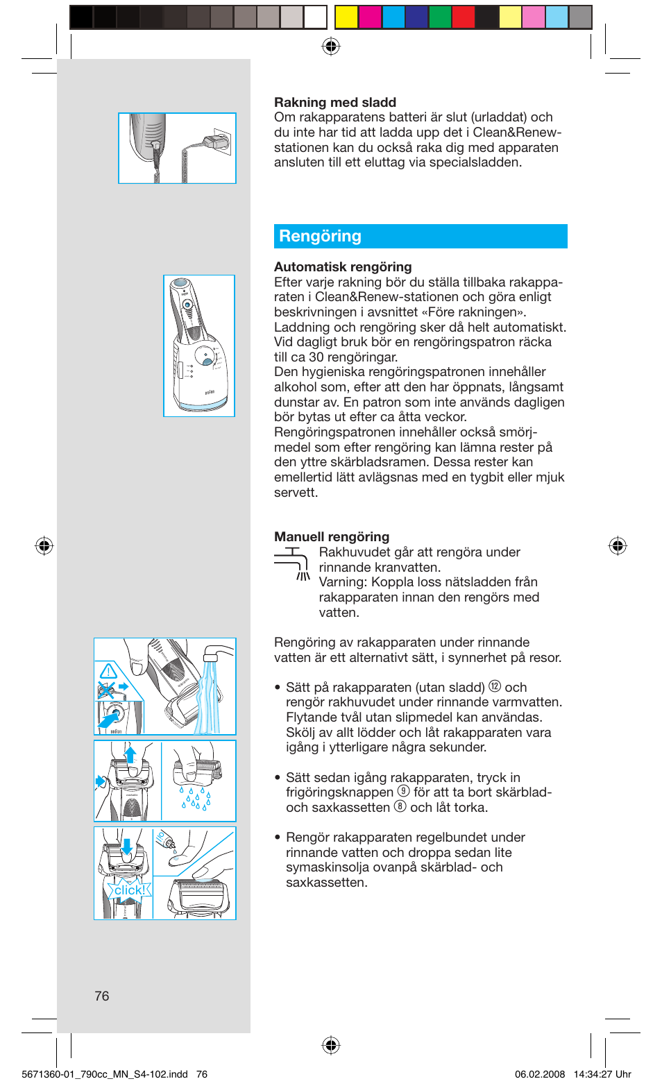 Rengöring, För att ta bort skärblad- och saxkassetten, Click | Rese t | Braun 790cc-5671 Series 7 User Manual | Page 76 / 101