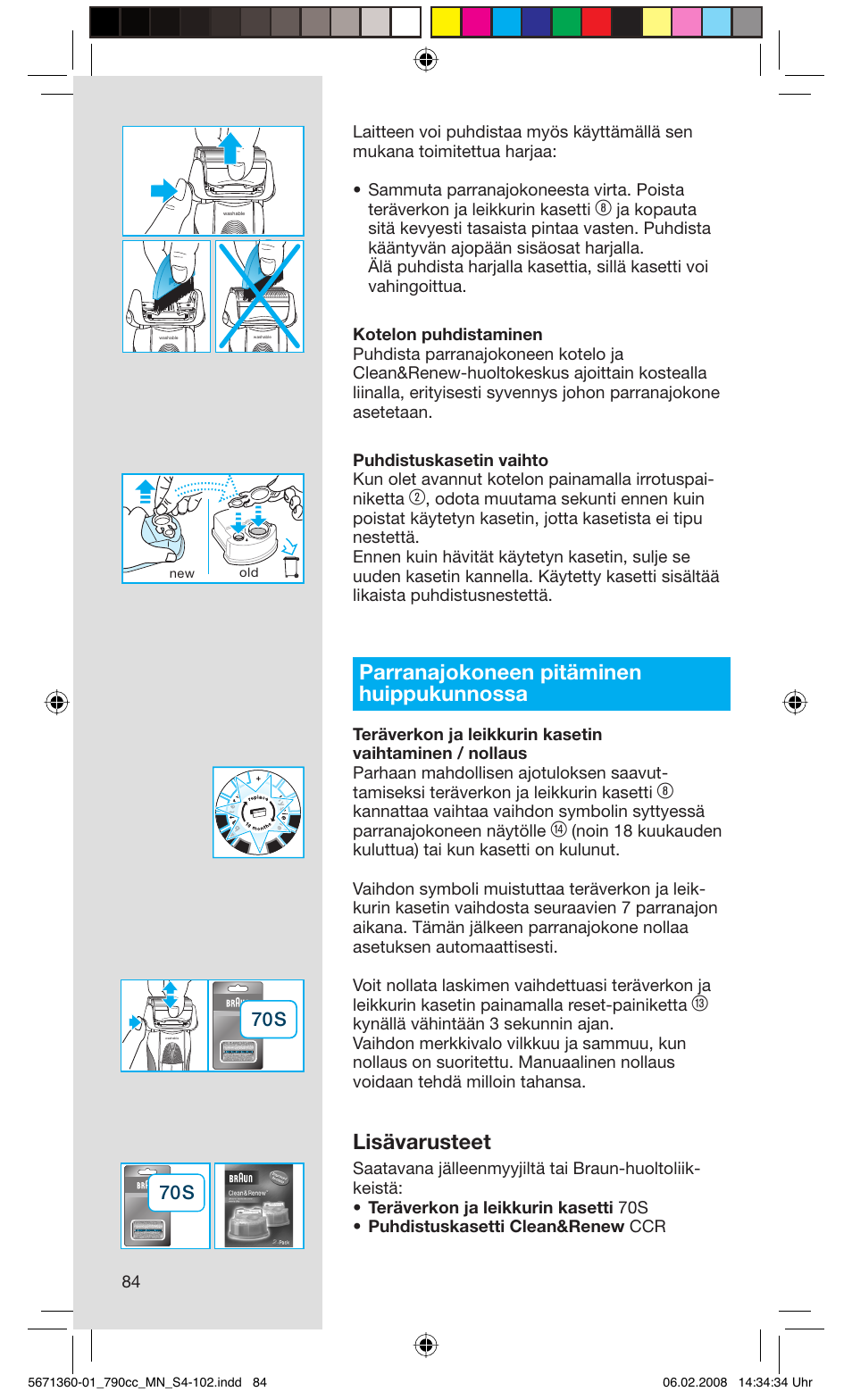 Parranajokoneen pitäminen huippukunnossa, Lisävarusteet | Braun 790cc-5671 Series 7 User Manual | Page 84 / 101