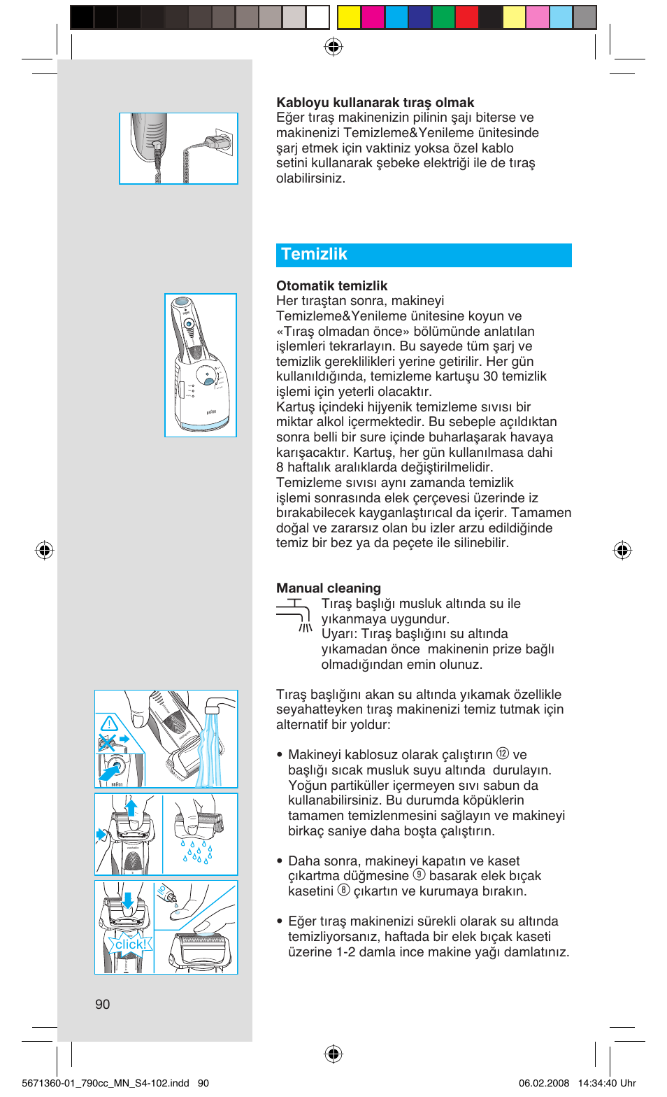 Temizlik, Basarak elek bıçak kasetini, Click | Res et | Braun 790cc-5671 Series 7 User Manual | Page 90 / 101