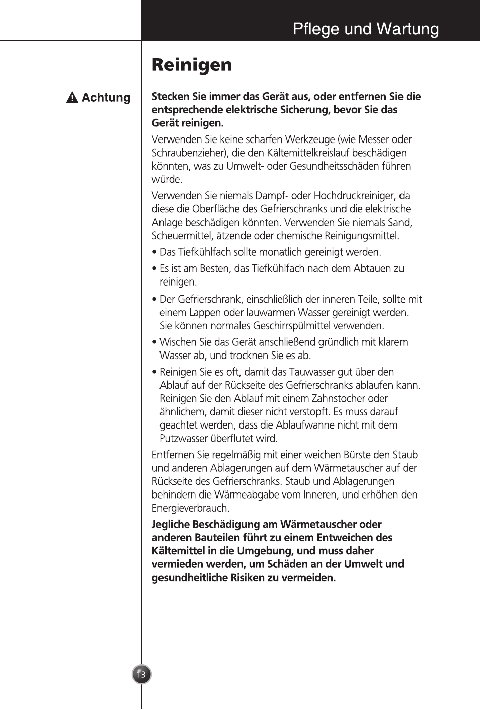 Reinigen, Pflege und wartung, Achtung | LG GC-254SQW User Manual | Page 12 / 70