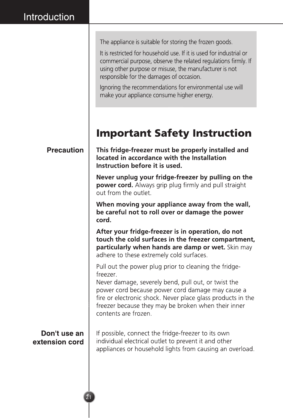 Important safety instruction, Introduction | LG GC-254SQW User Manual | Page 20 / 70