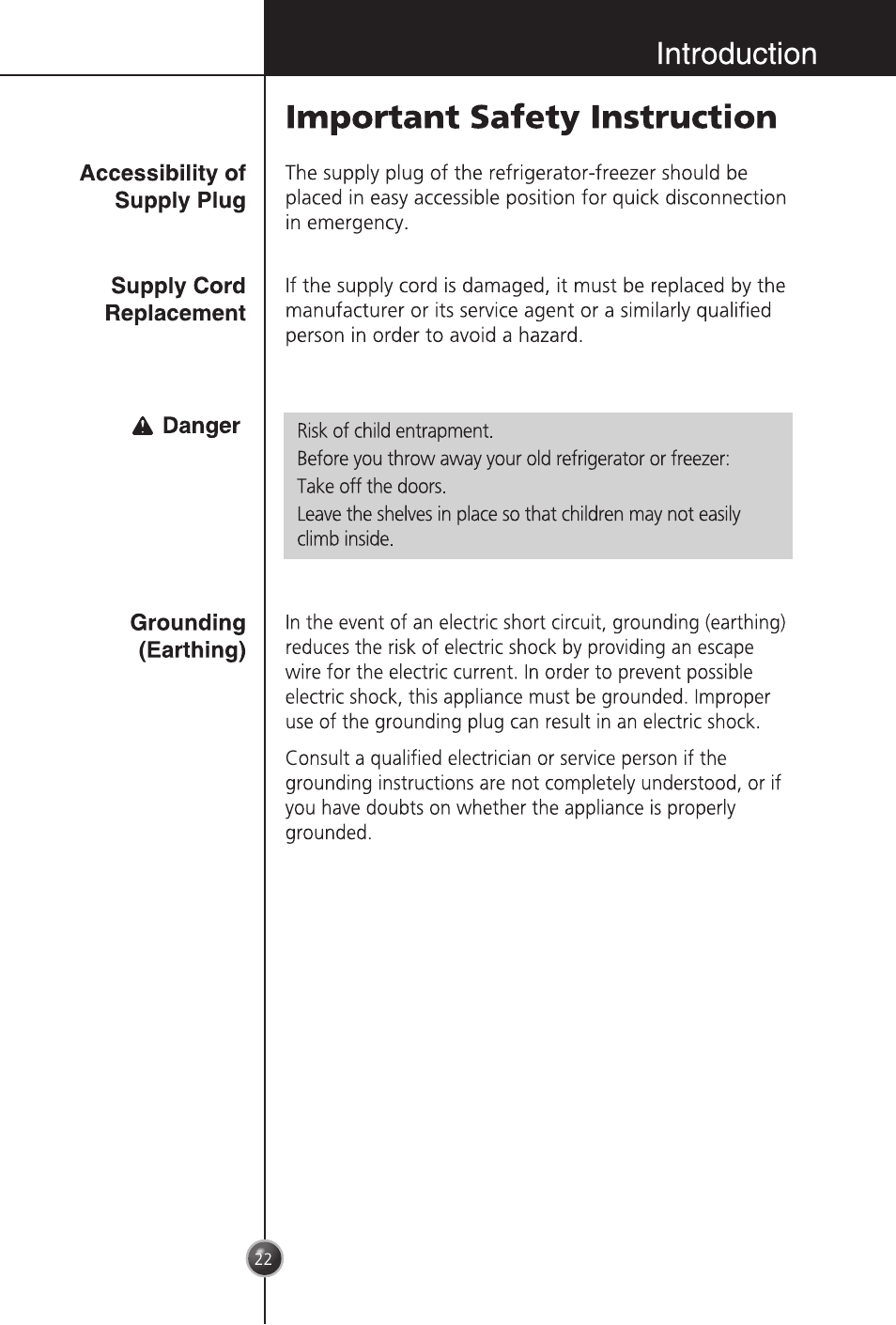 A danger, Important safety instruction, Introduction | LG GC-254SQW User Manual | Page 21 / 70